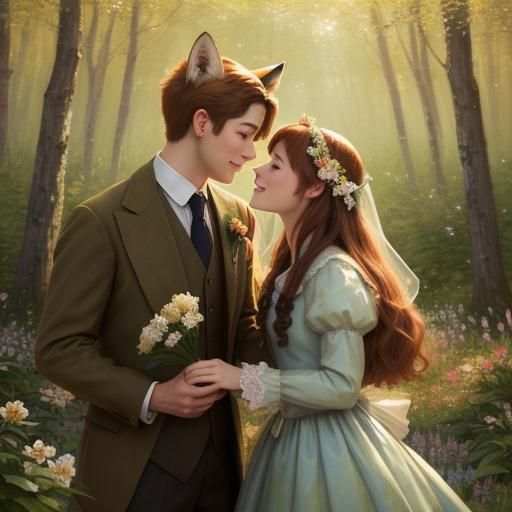 Fox-People Wedding in Impressionist Oil Painting Style