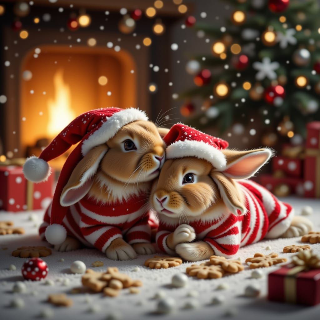 Exhausted Bunnies in Pajamas Under Christmas Tree