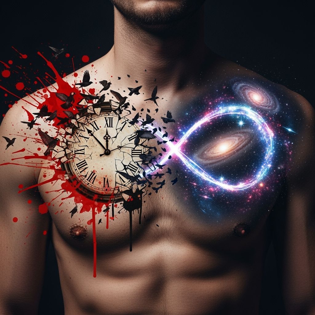 Trash Polka Chest Tattoo with Clock and Infinity Symbol