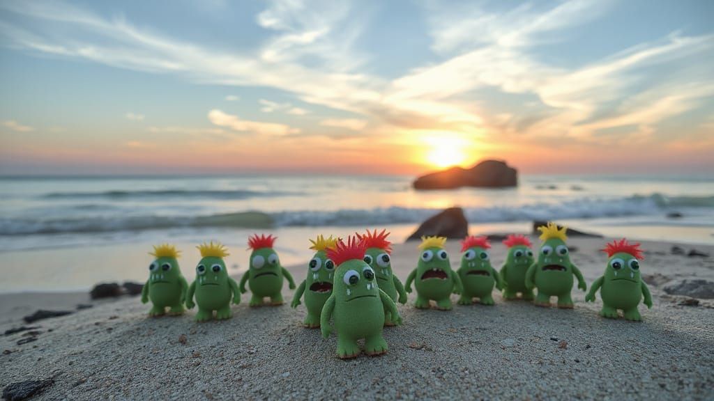 Enchanting Beach Scene with Whimsical Clay Monsters
