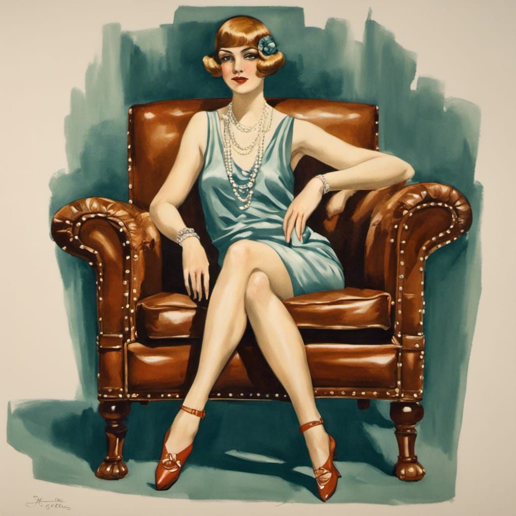Flapper in 1920s Parlor: Gouache Detailed Painting