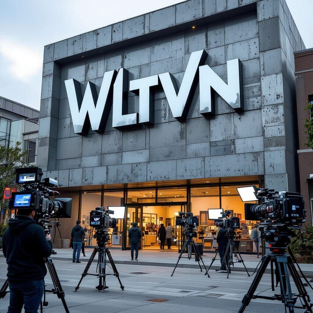 Futuristic TV Station Filming with Steel Logo