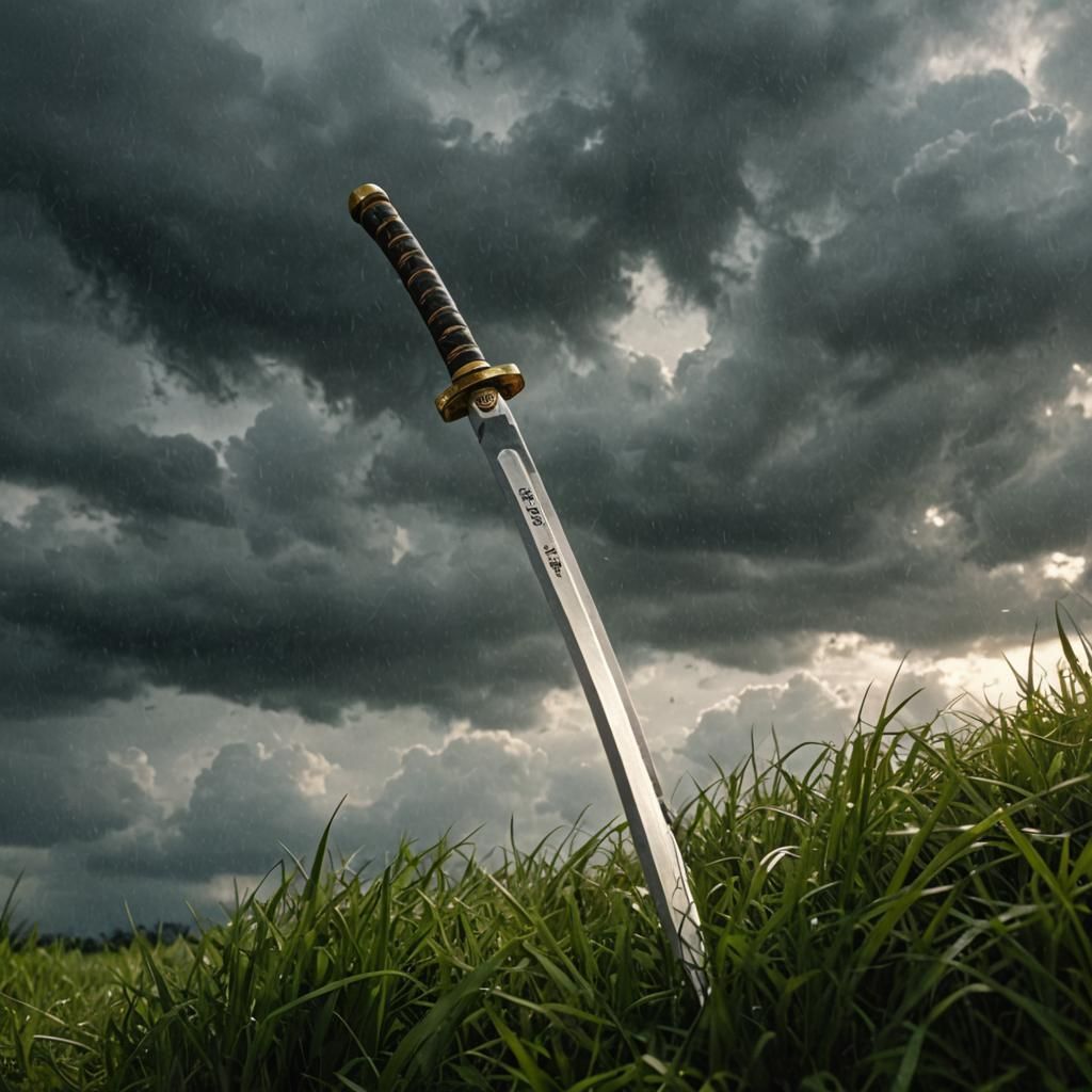 Katana on Grass in Cloudy Weather