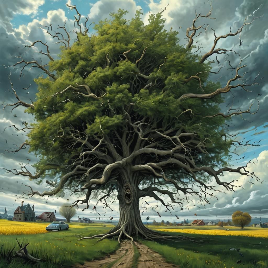 Terrified Tree Running in Dystopian Windstorm