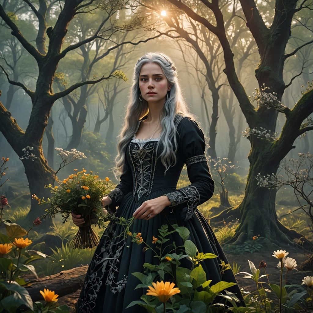 Spring Forest Sunrise with Silver-Haired Woman