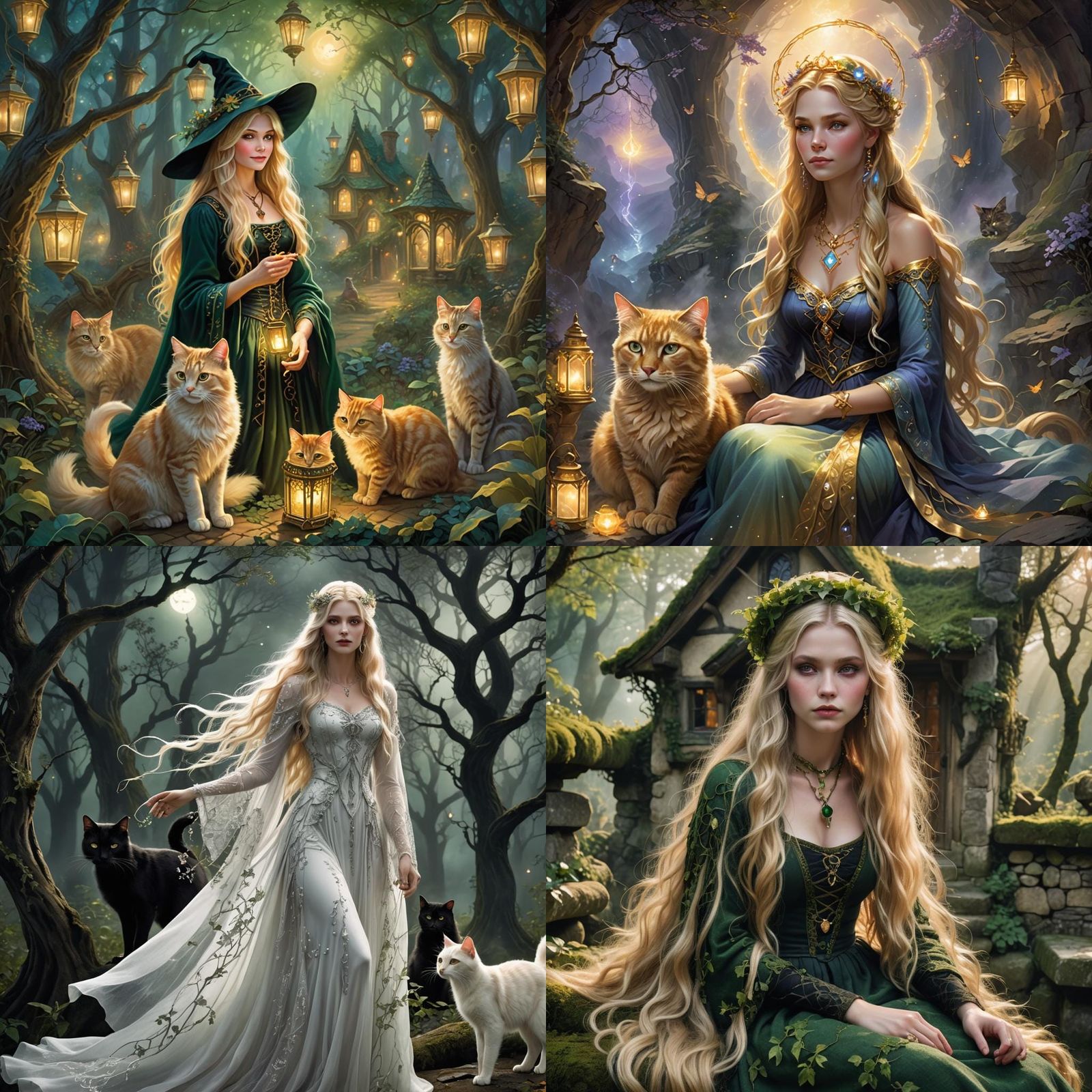 Ethereal Witch and Cat Familiar in Fantasy Style