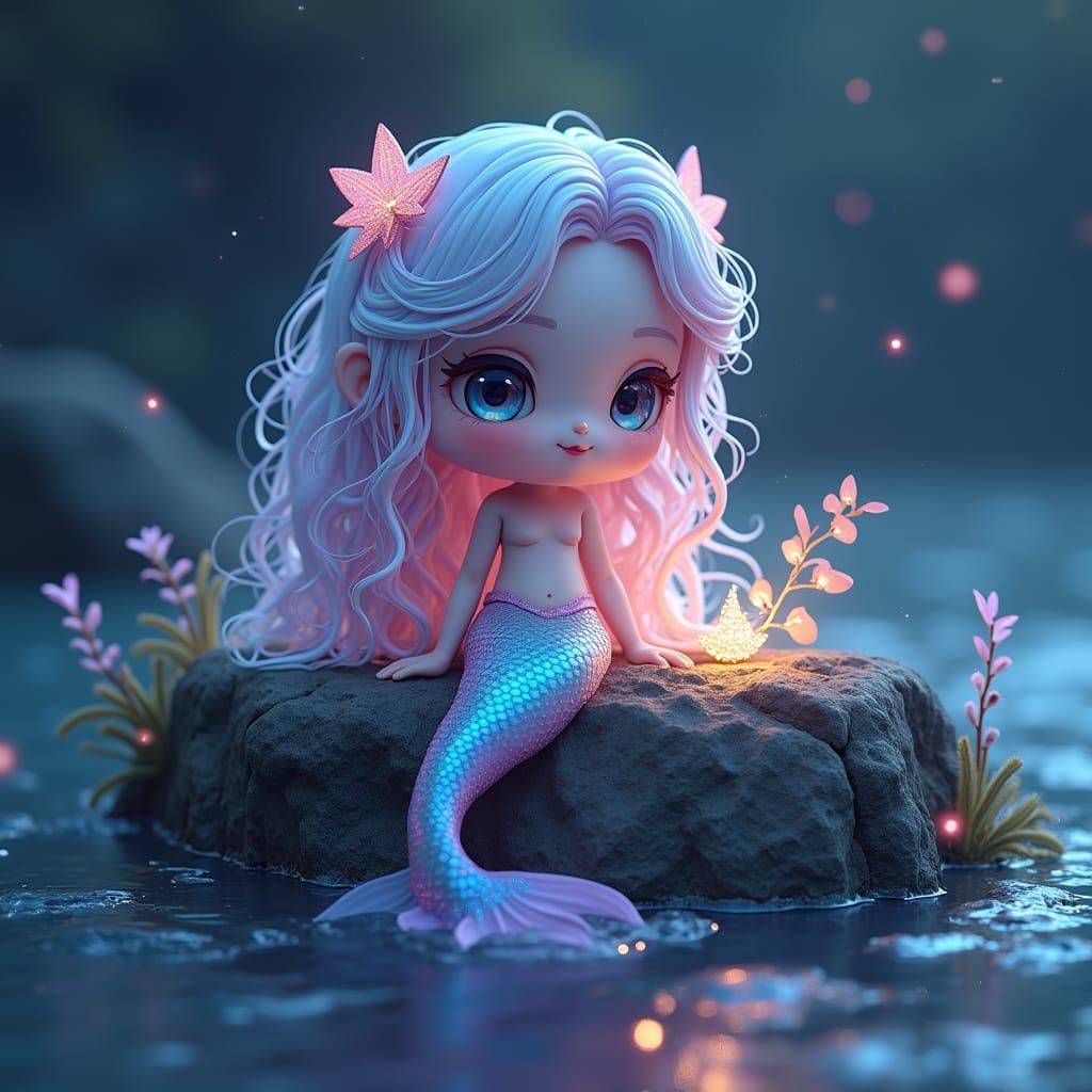 Bioluminescent Cyber Chibi Mermaid by the Sea