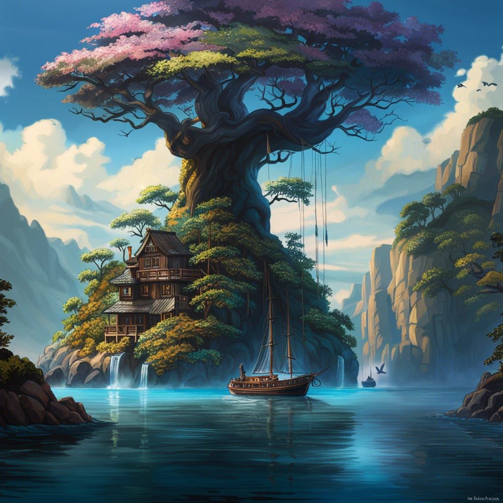 Island Treehouse Under a Starry Sky in Cartoon Art