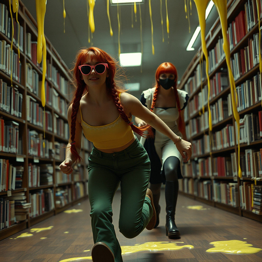 Frightened Librarian Flees Menacing Maid in Noir Film