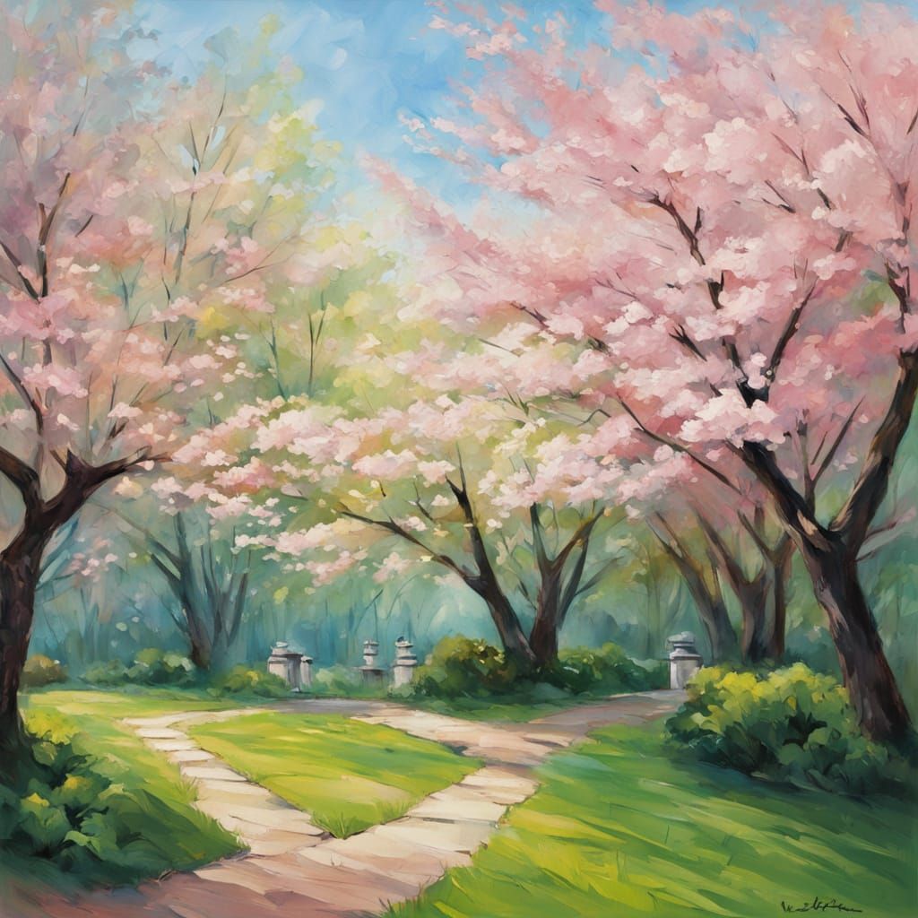 Impasto Oil Painting of Sakura Blossoms in Serene Japanese P...
