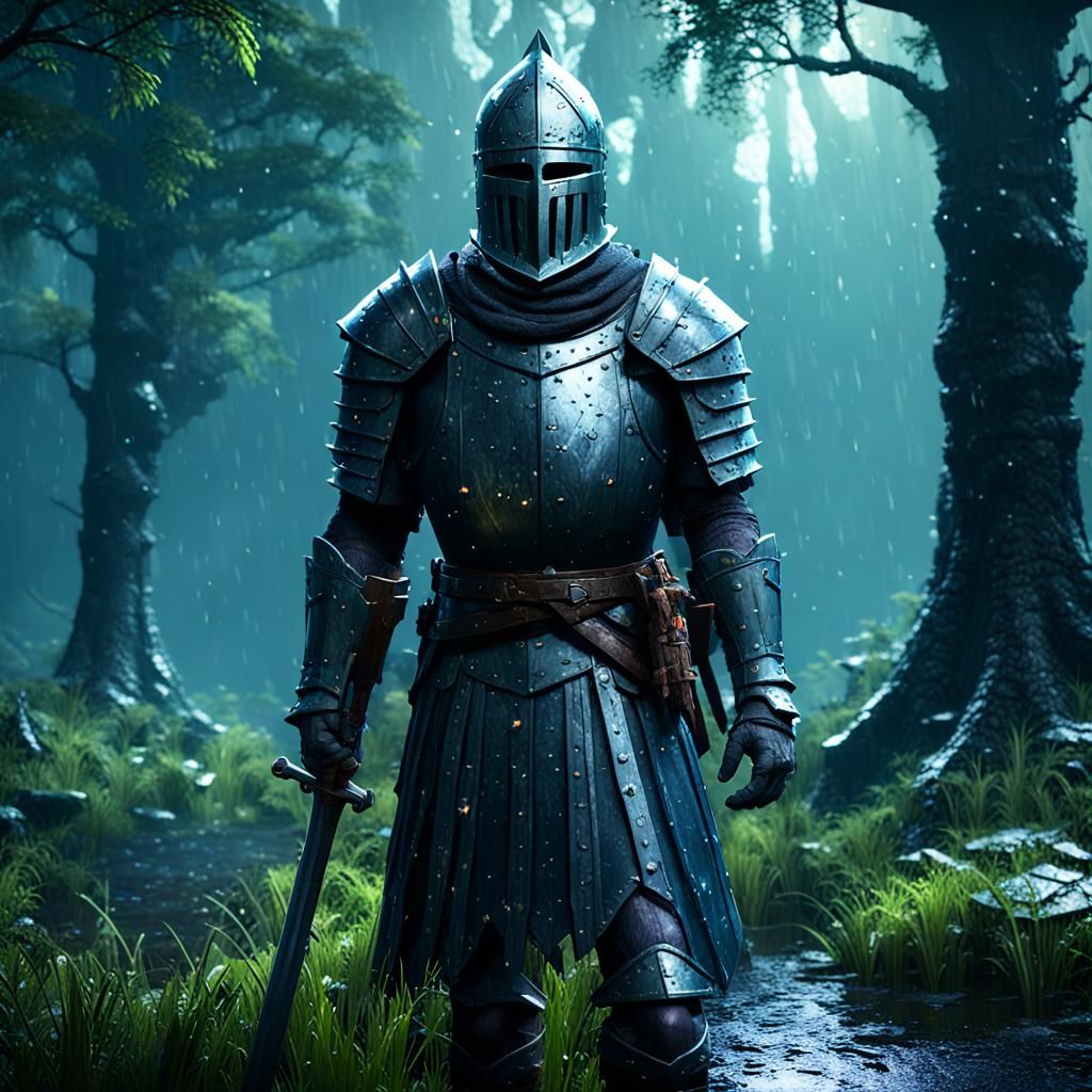Knight in Rainy Enchanted Forest: 3D Game Cinematic