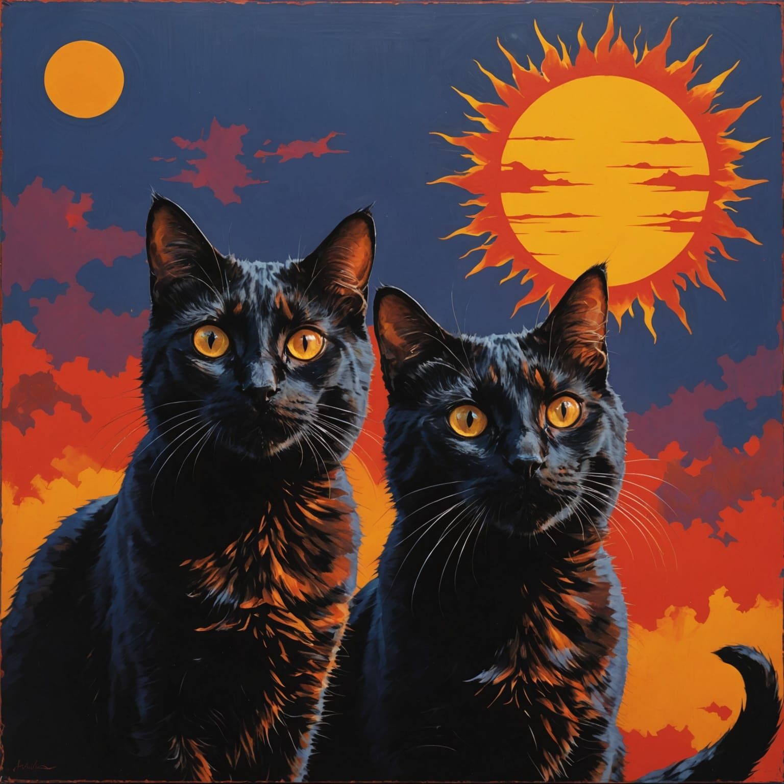 Black Cat and Tortoiseshell Cat With Neon Sun