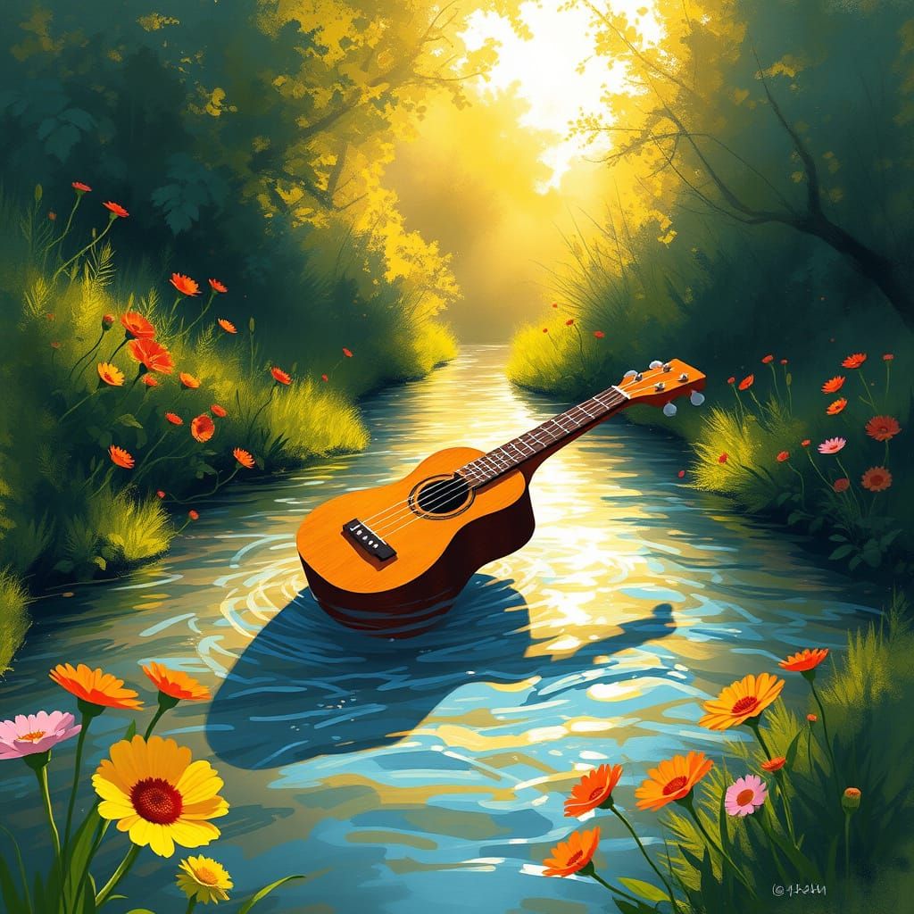 Surreal Ukulele Bobs on a Sunlit Creek in Impressionist Styl...