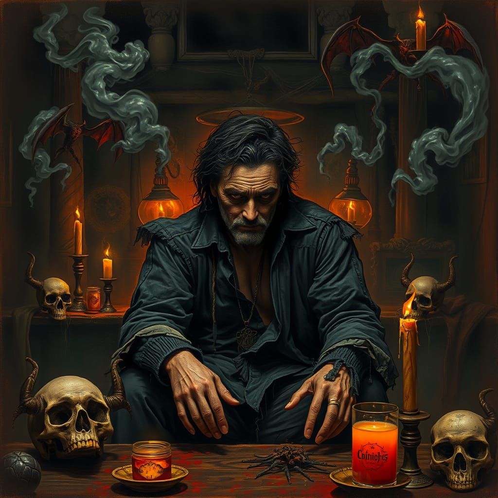 Cursed Man in Dim Tavern: Dark Fantasy Art