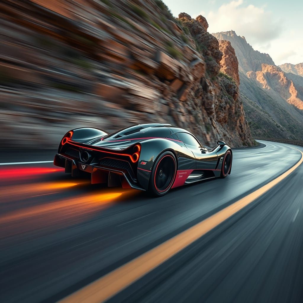 Pagani Car Speeding on Mountain Road in Hyper-Realism