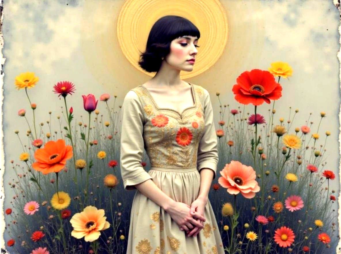 Woman with Floral Background in Klimt Style