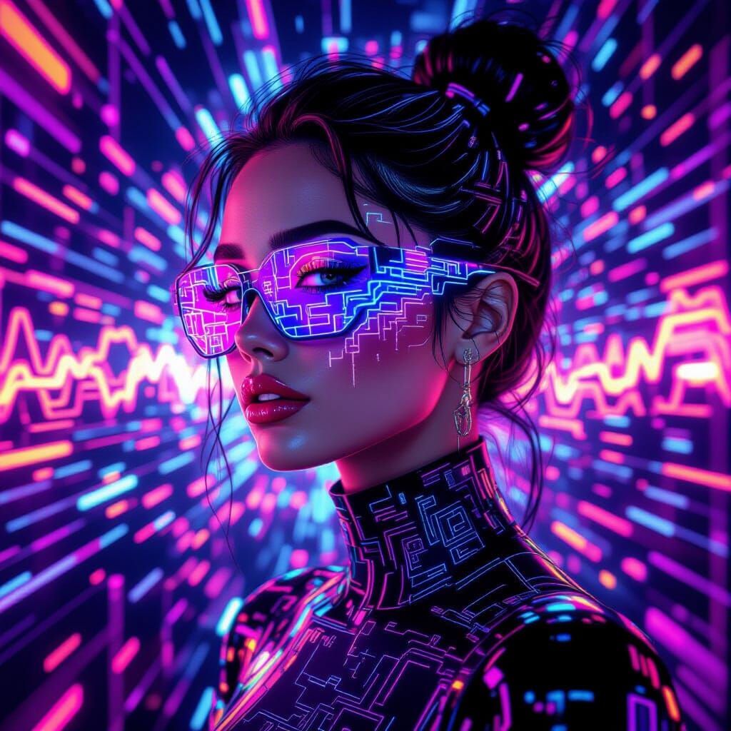 Glitch Art Woman in Neon Cyberpunk Style