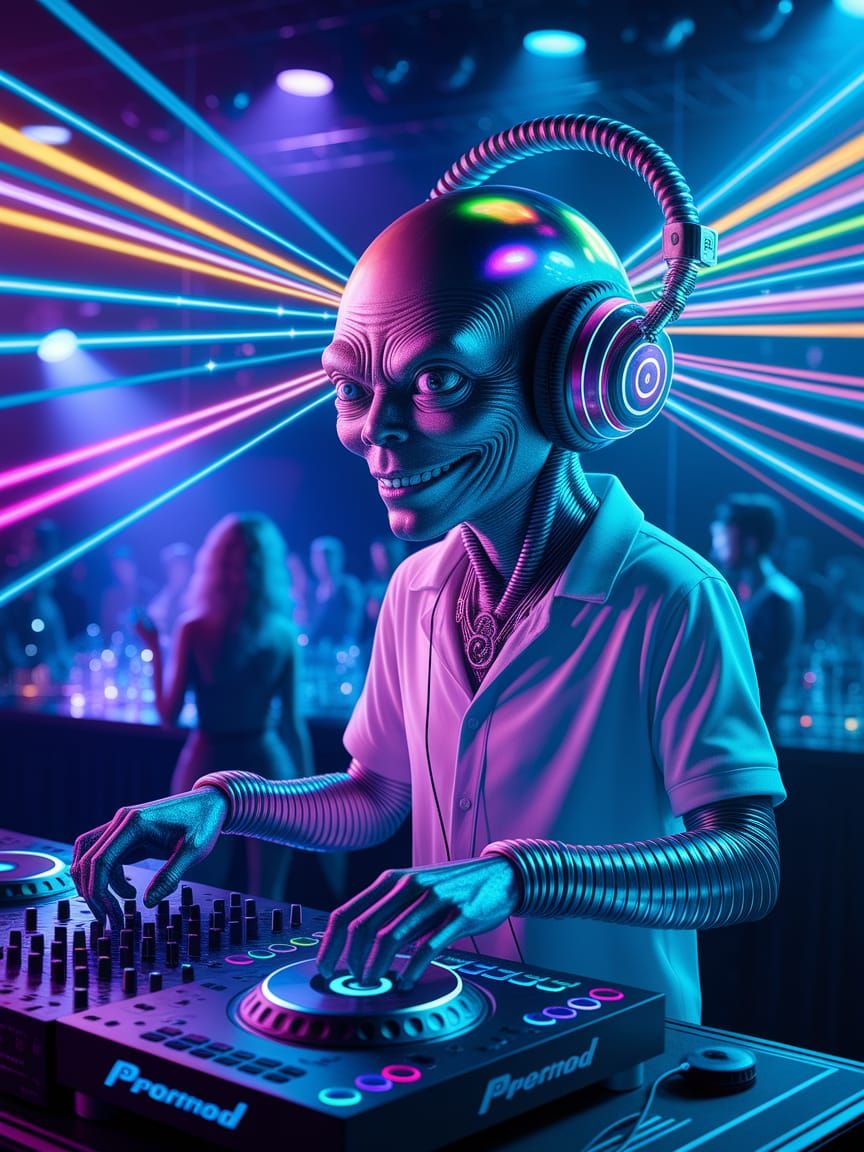 Hyperrealistic Alien DJ in Futuristic Club