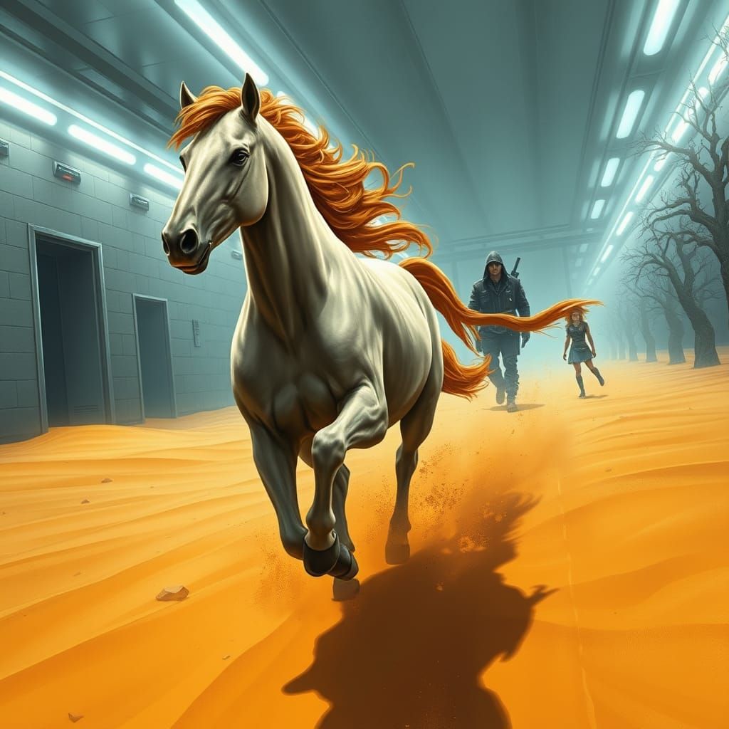 Surreal Arabian Stallion Rides Through Golden Sand in Dystop...