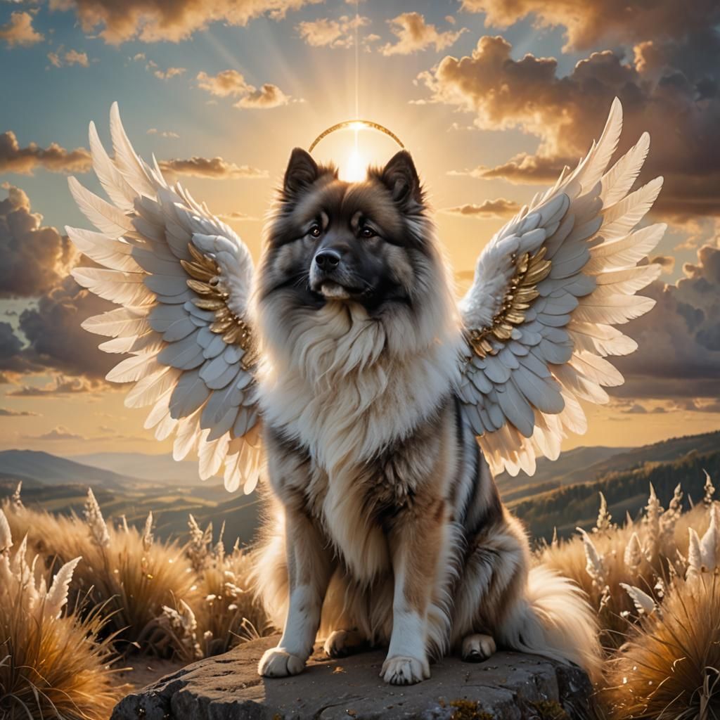 Keeshond with Angel Wings in Surreal Landscape