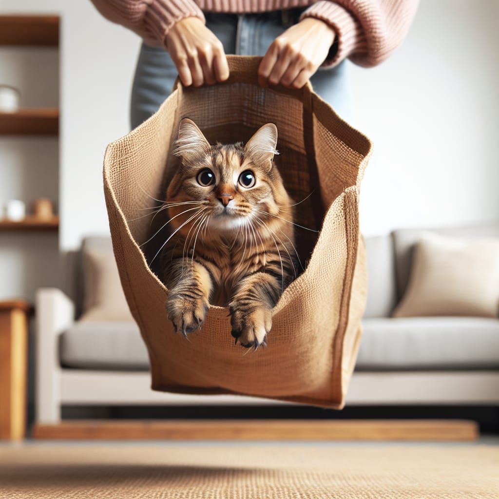Surprised Tabby Cat Exiting Jute Bag