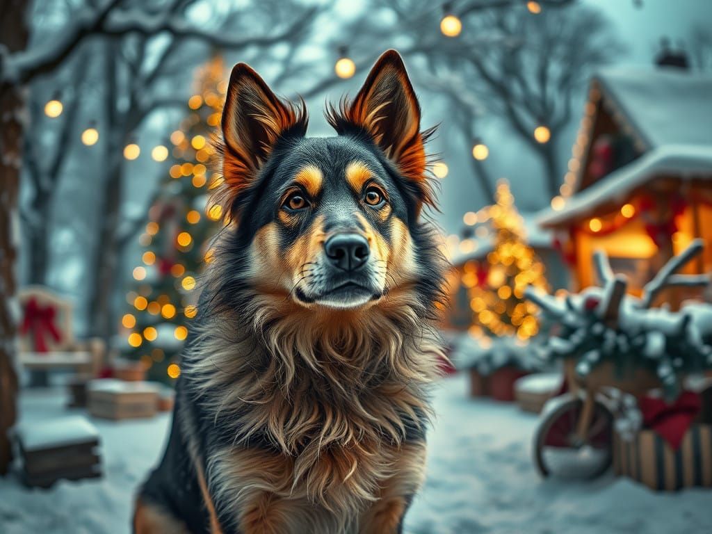 Winter Christmas Scene with Barzoi Dog in Hyperrealistic HDR