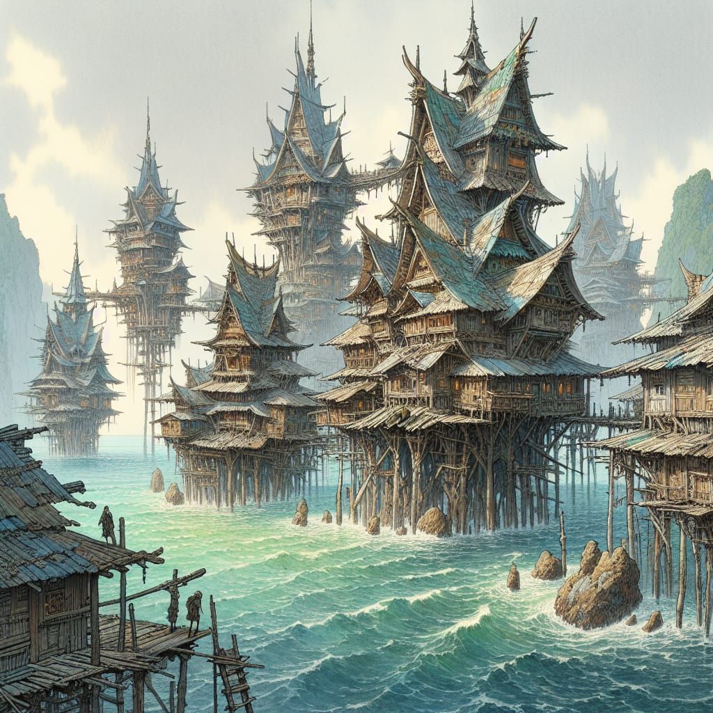 Fantastical Fishing Village on Stilts in Ink and Watercolor