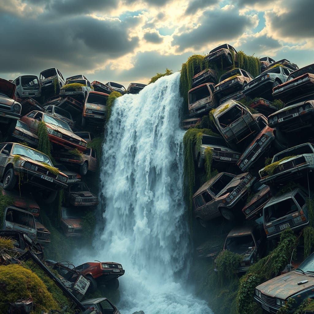 Waterfall Cascading Through Rusted Car Junkyard