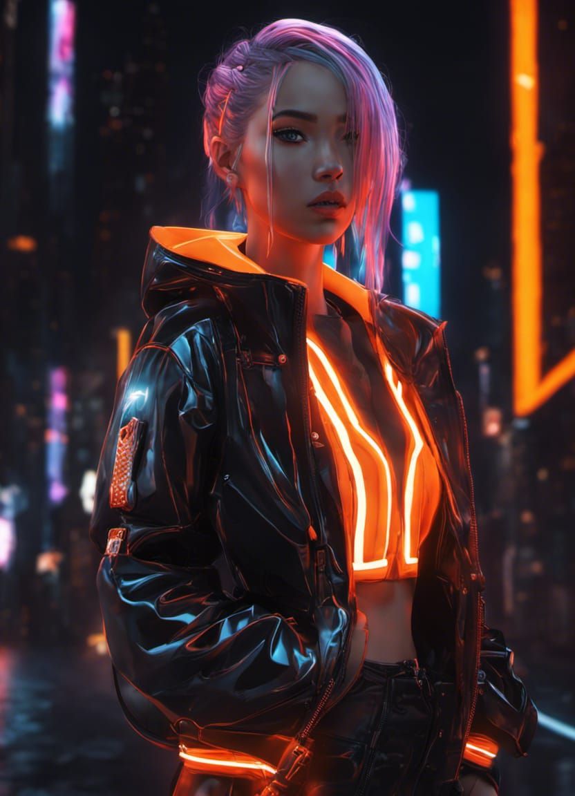 Neon Anime Woman in Hyperdetailed Neonpunk City