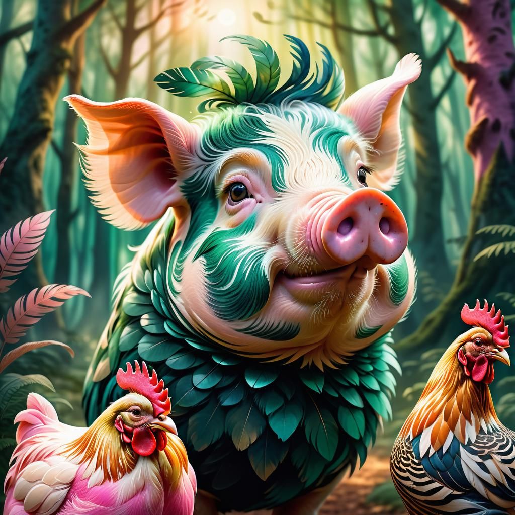 Pig-Chicken Hybrid in Surreal Forest: Watercolor Concept Art