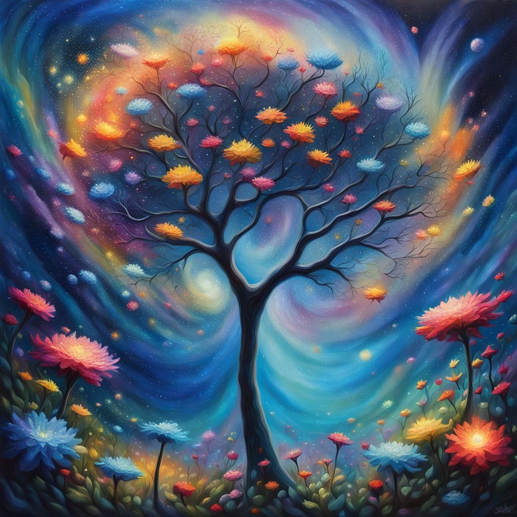 Cosmic Garden: Miniature Galaxy in Surreal Oil Painting