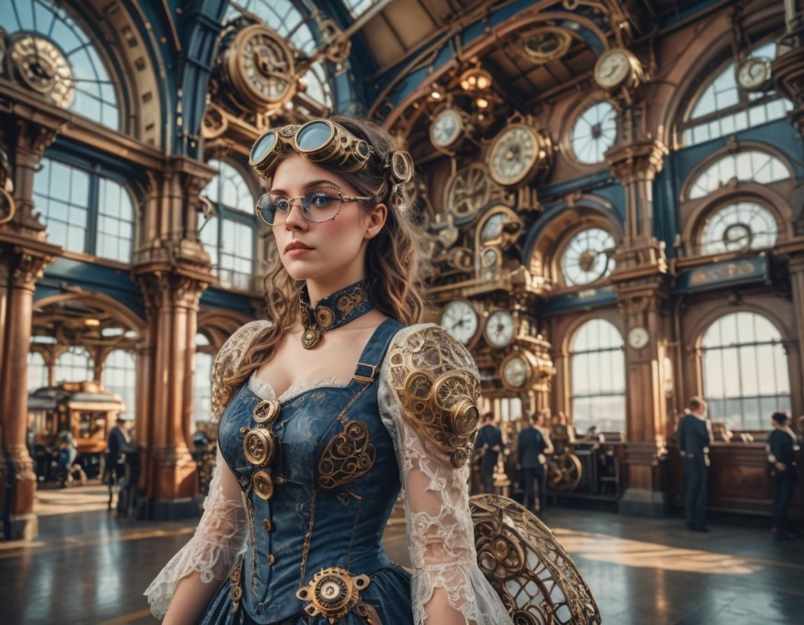 Steampunk Woman in Victorian Station, Hyperrealist Portrait