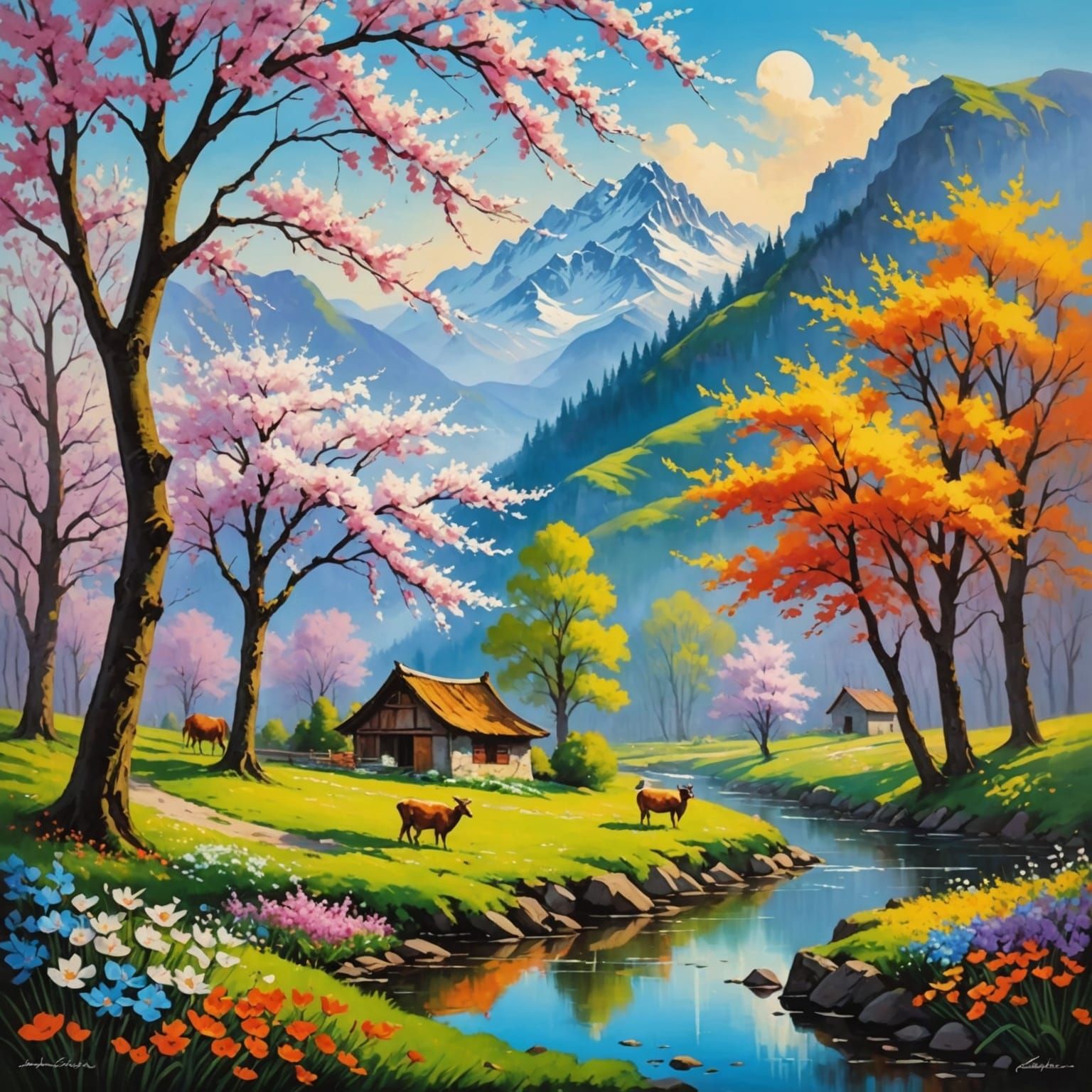 Vibrant Spring Landscape with Blossoms and Animals