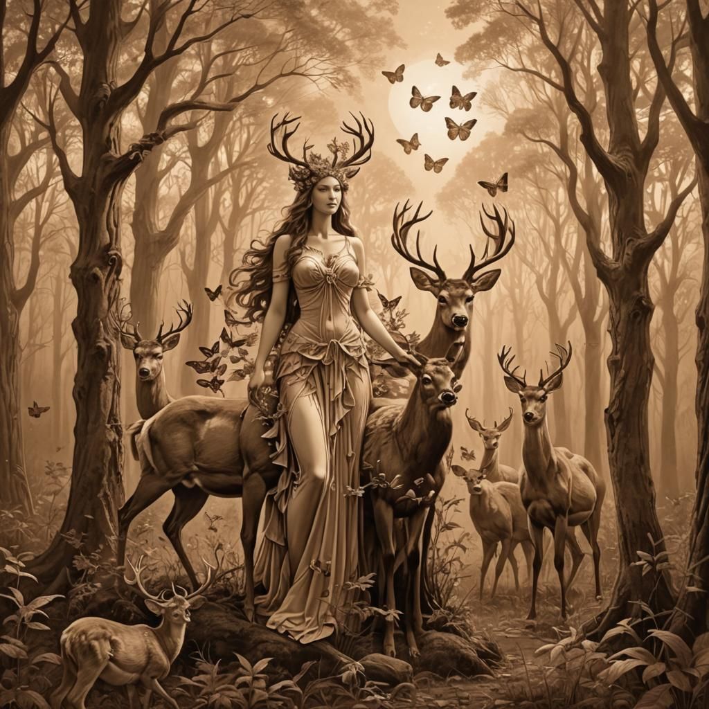 Sepia Forest Goddess with Deer and Butterflies