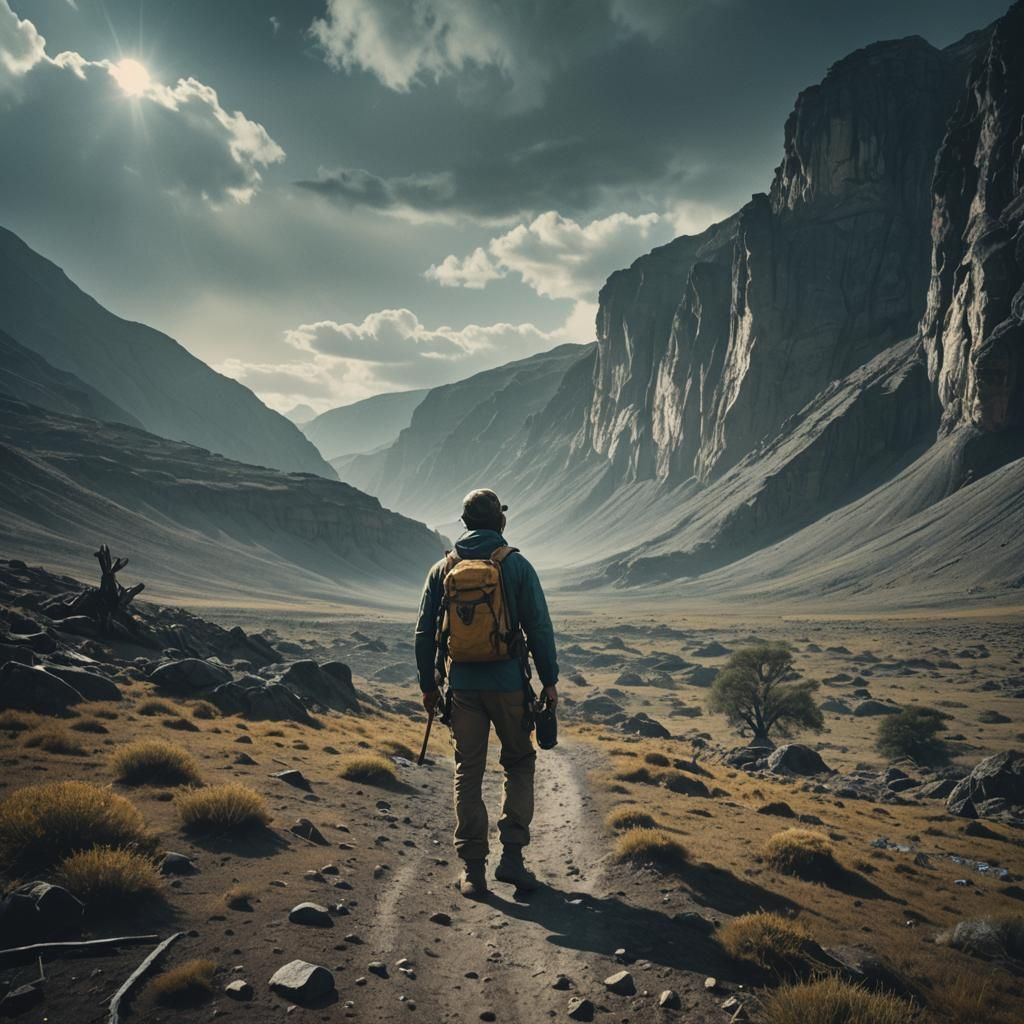 Dramatic Explorer in Cinematic Film Still