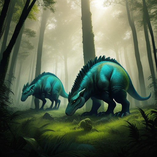 Dinosaurs in a Lush, Prehistoric Forest, in Vibrant Digital...