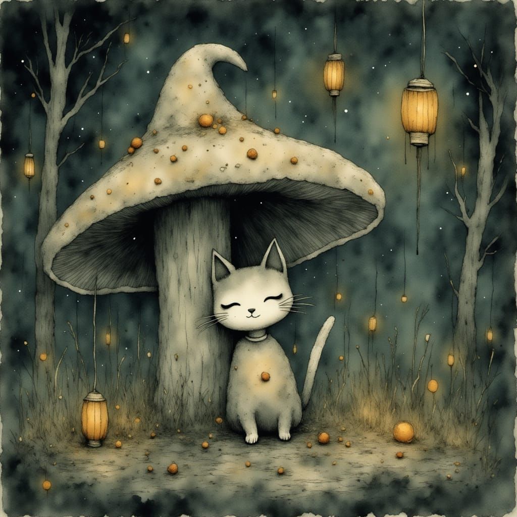 Sleepy Cat in Wizard Hat Under Glowing Mushroom