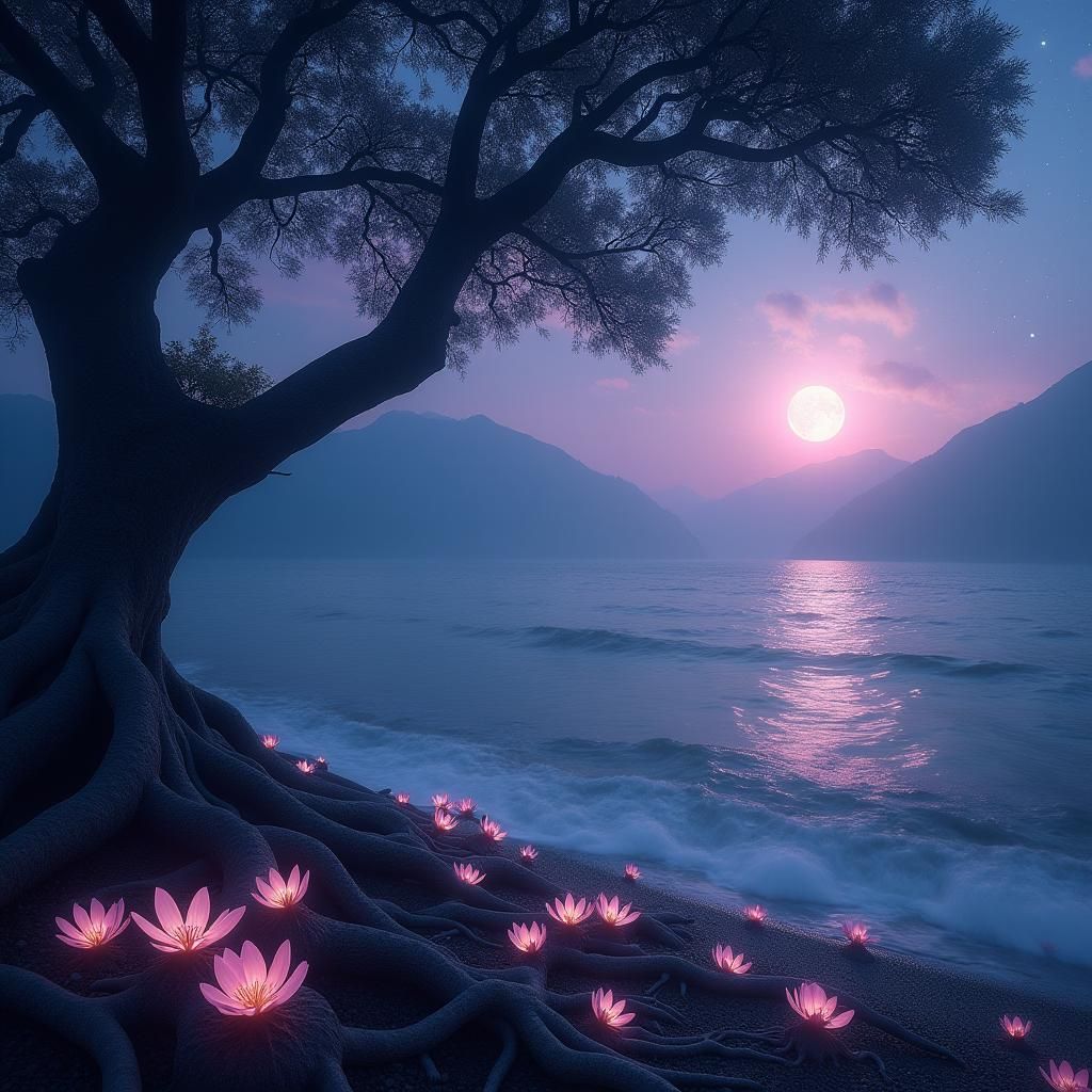 Ethereal Moonlit Landscape with Bioluminescent Flora