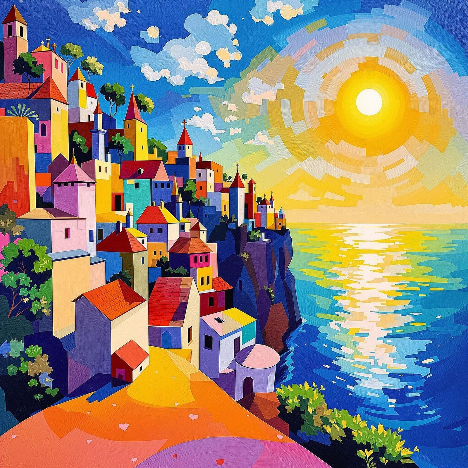 Vibrant Cityscape on the Edge of a Cliff in Matisse-Inspired...