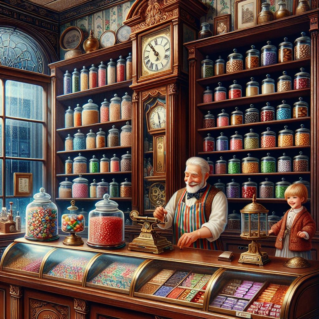 Victorian Candy Store Scene with Glass Jars