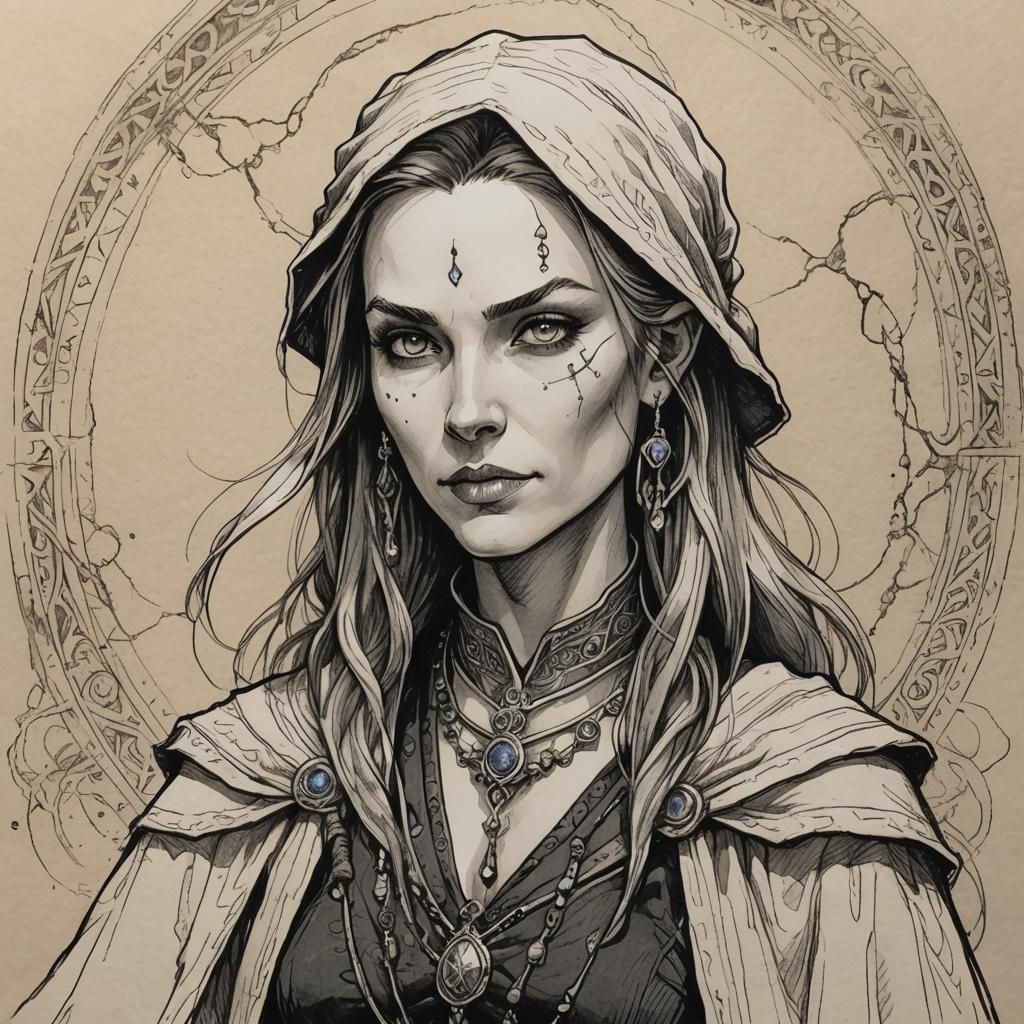 D&D Female Sorceress: Pen and Ink Portrait