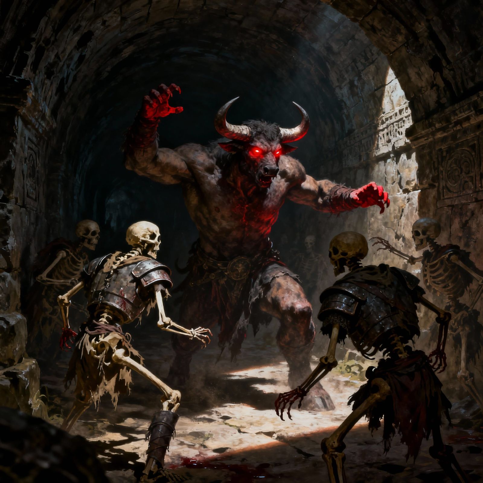 Minotaur Battles Skeletons in Dark Tunnel