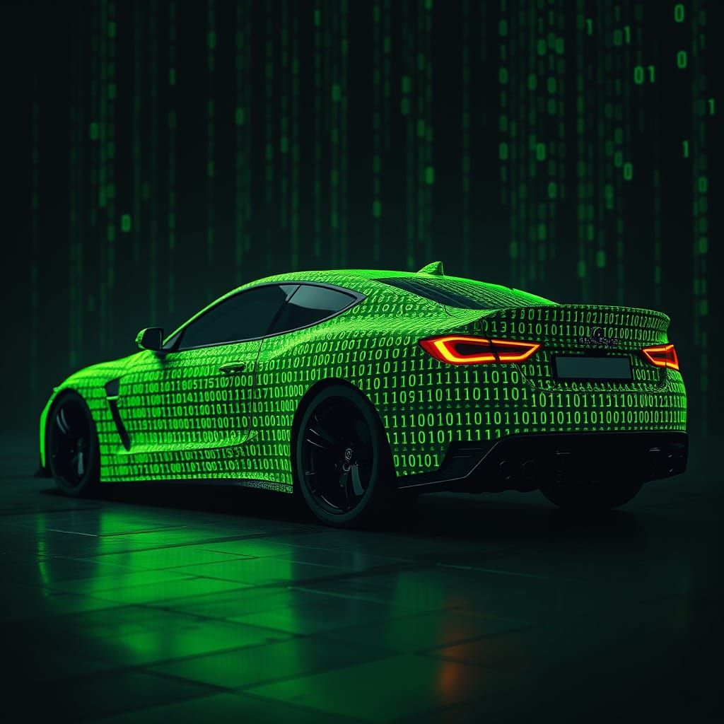 AI Car Made of Fluorescent Green Code