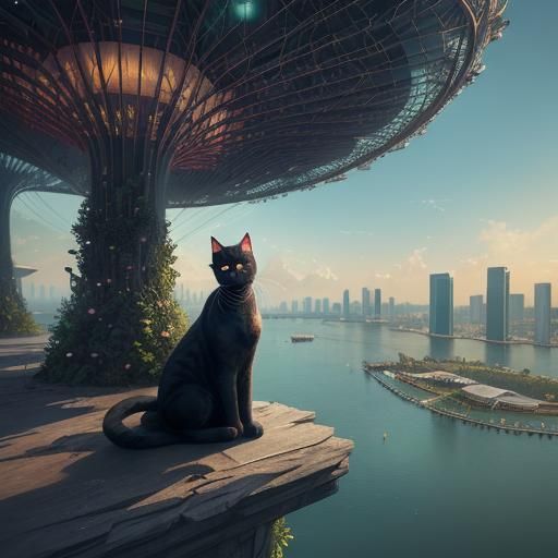 Cat Sits at Marina Bay Sands: Detailed Digital Painting