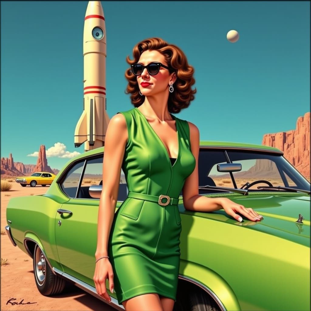 Woman with Green Car and Spaceship in Retro-Futurism Style