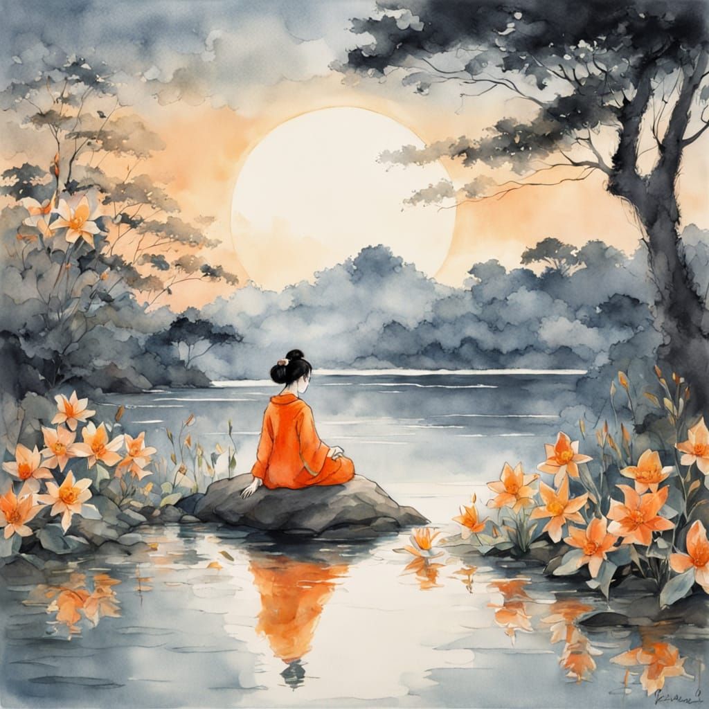 Japanese Lady Meditating in Watercolor, Yoshitaka Amano Styl...