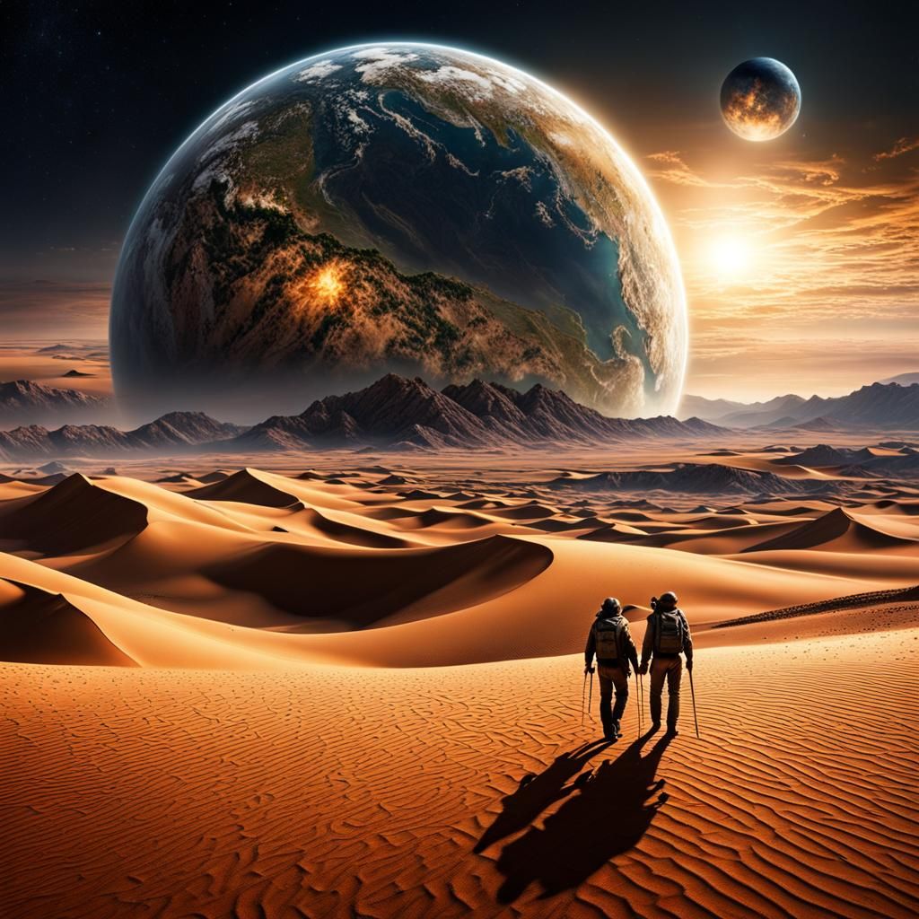 Hyperrealistic Desert Planet Scene with Two Figures