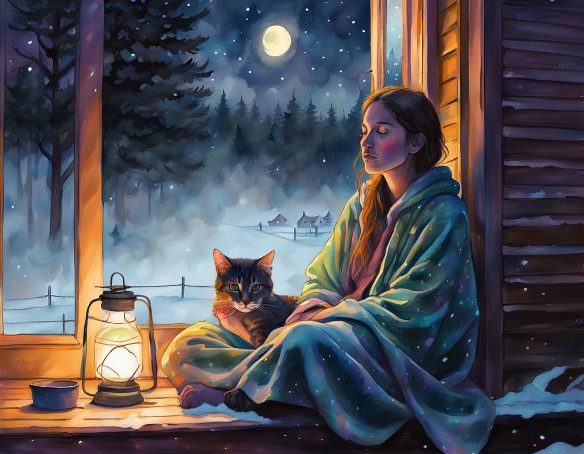 Girl with Kittens: Watercolor and Gouache Illustration