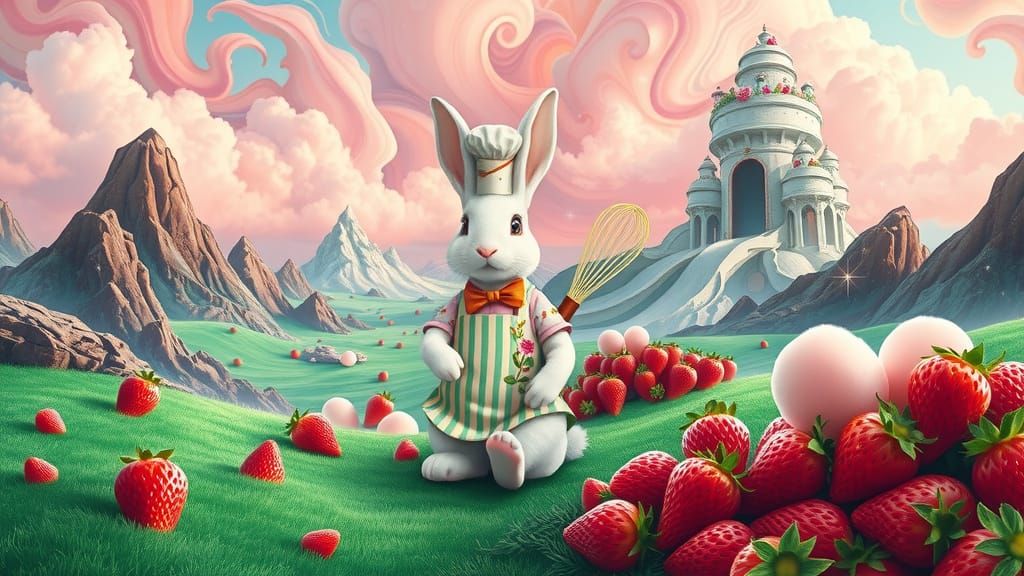 Whimsical White Rabbit in a Vibrant Confectionery Wonderland