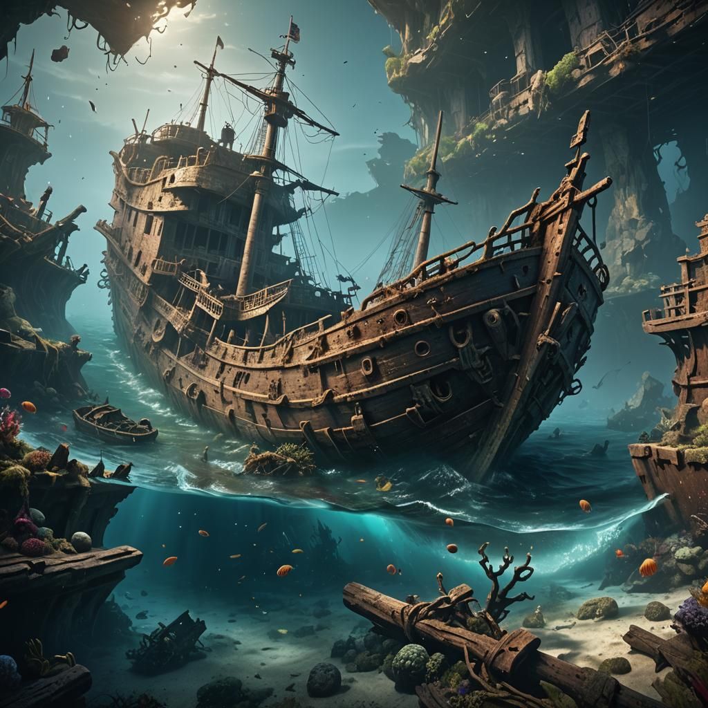 Underwater Shipwreck in Deep Color